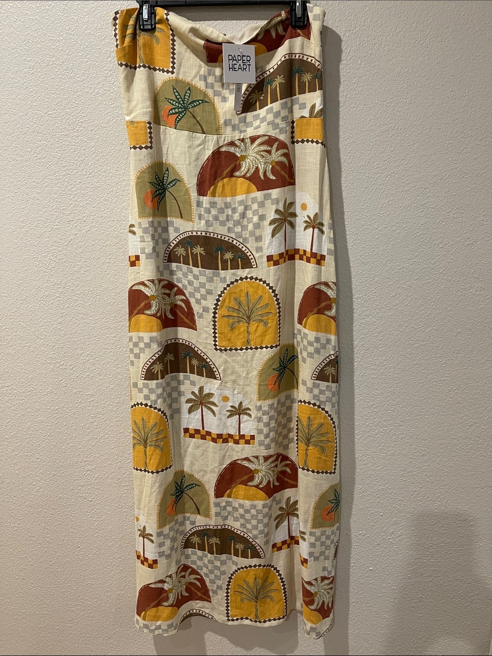 Paper Heart Strapless Maxi Dress in Cream with Mustard & Brown Print
